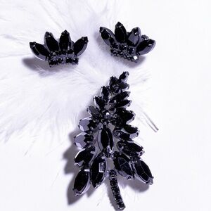 Juliana D&E Japanned Black Rhinestone Mourning Brooch & Clip-on Earrings Set